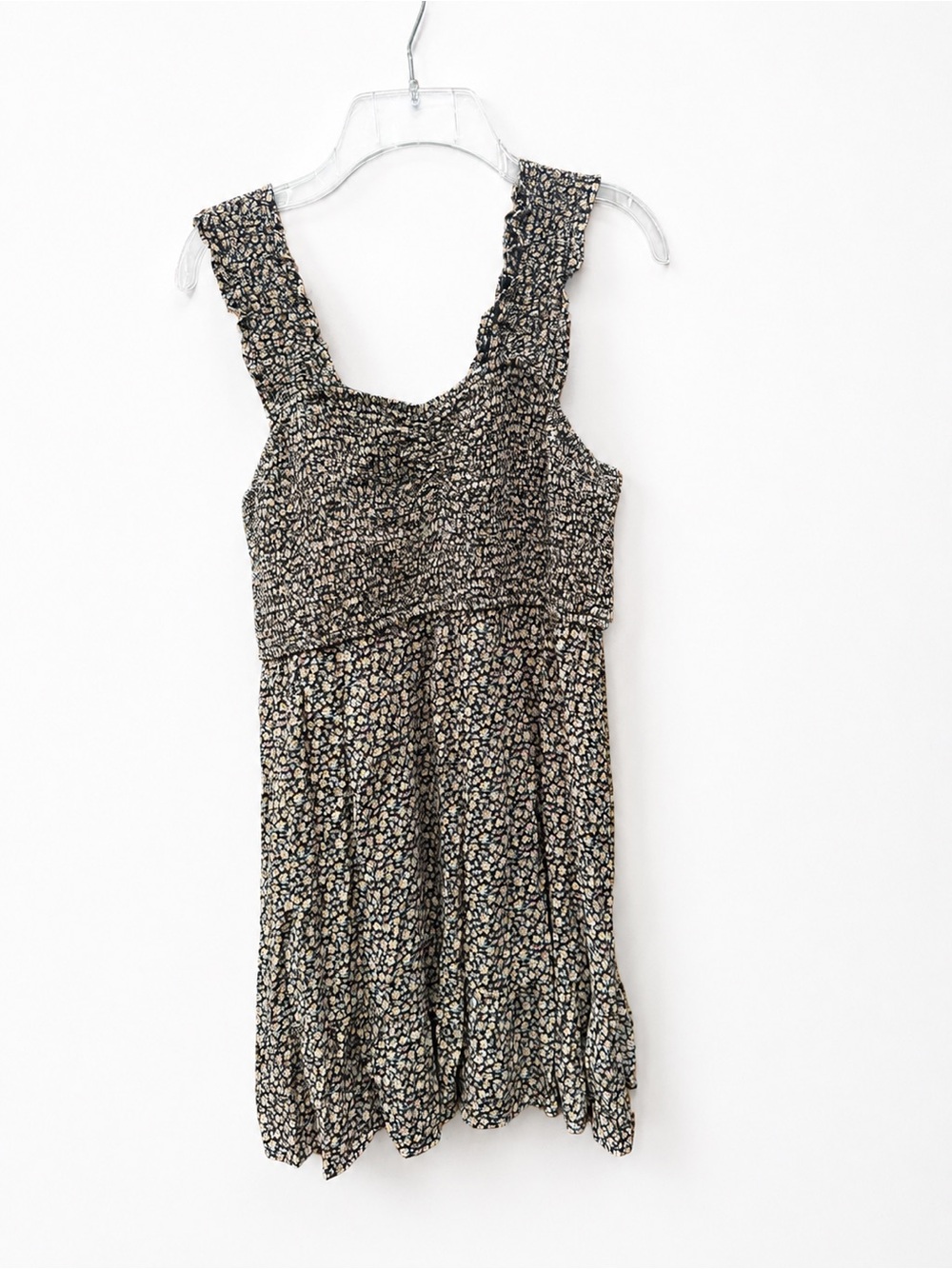 American Eagle Outfitters Black and Cream Smocked Floral Mini Dress